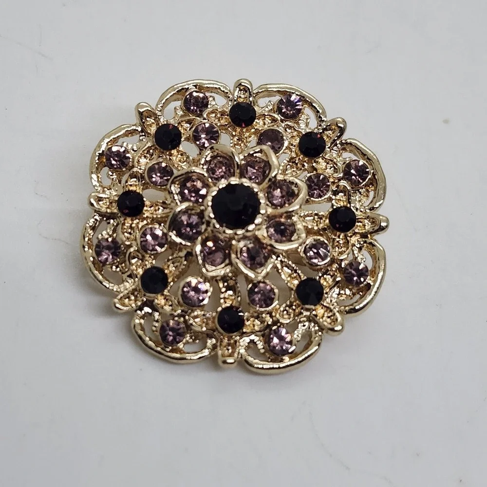 GOLD FLOWER BOUQUET BROOCH PURPLE DIAMANTE CRYSTAL WEDDING PARTY PIN‎ BROOCH